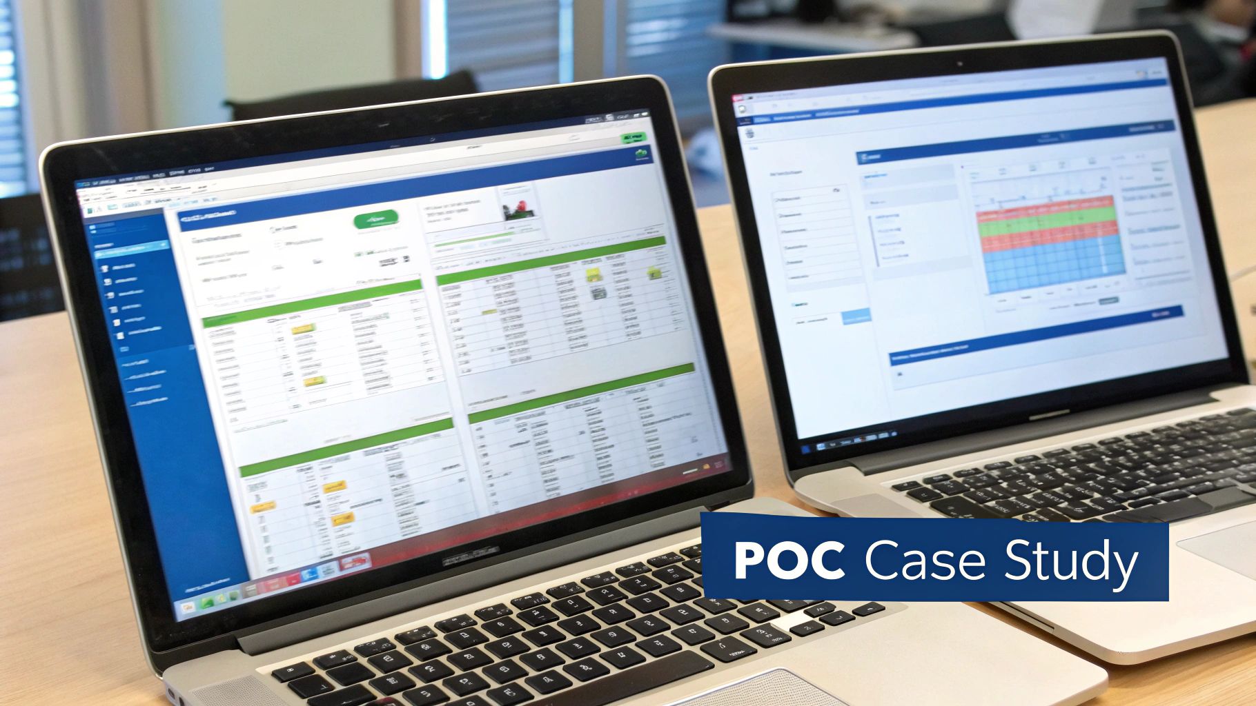 Two laptops on a light wooden desk displaying detailed business software interfaces and data.
