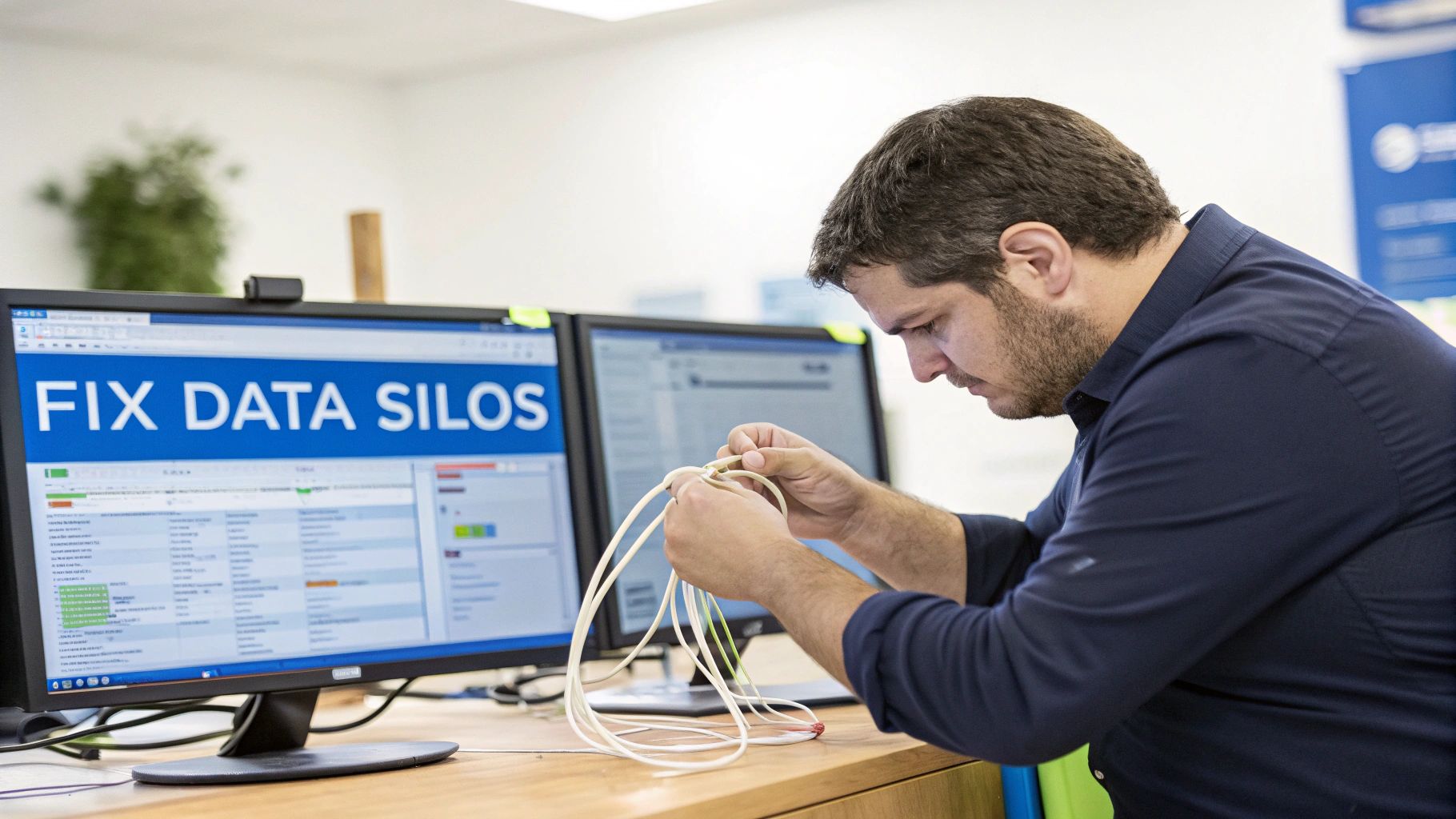 A man in a blue shirt connecting network cables with a monitor displaying 'FIX DATA SILOS' in an office.
