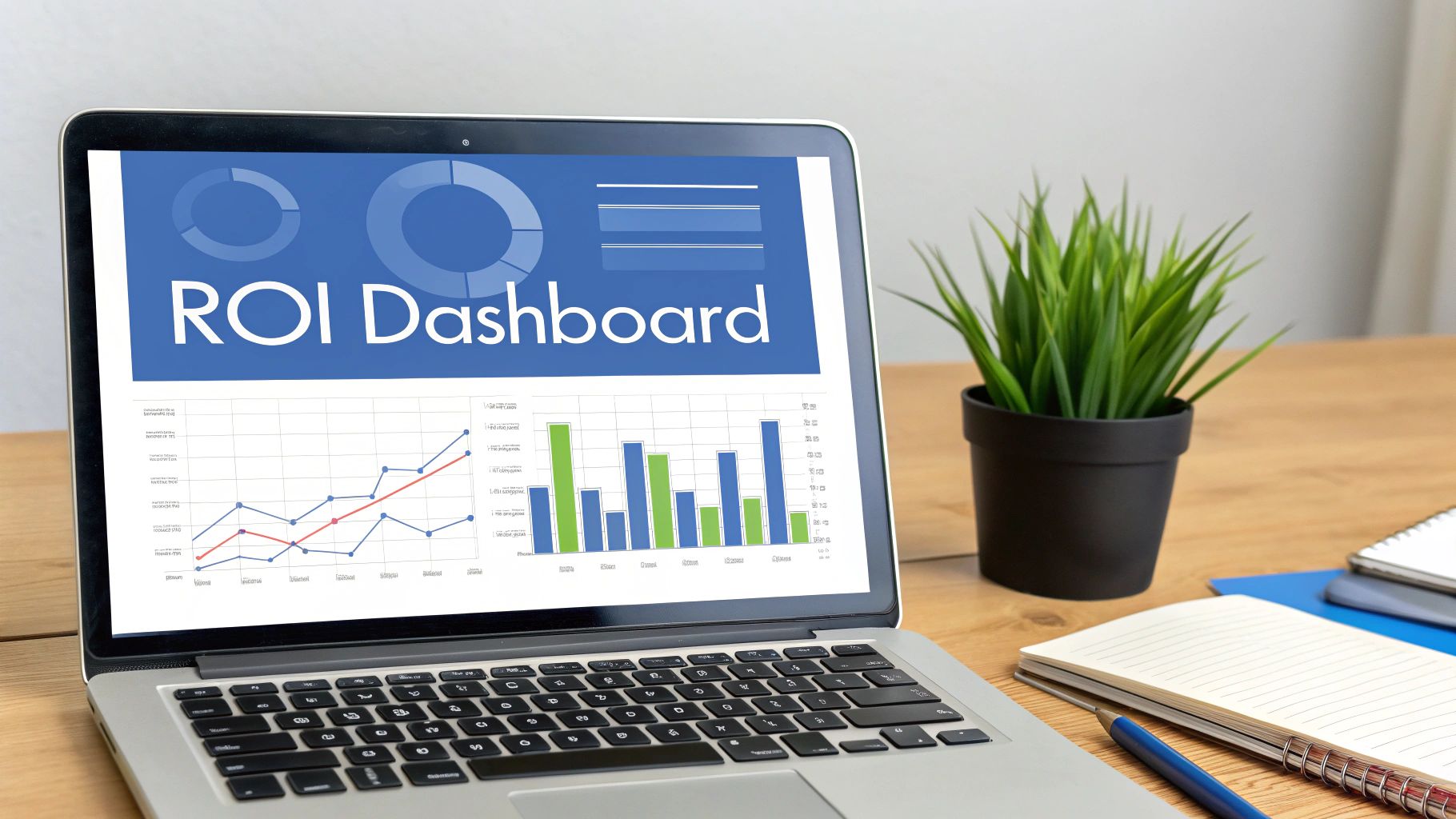 A silver laptop displays an ROI Dashboard with graphs and data on a wooden office desk.