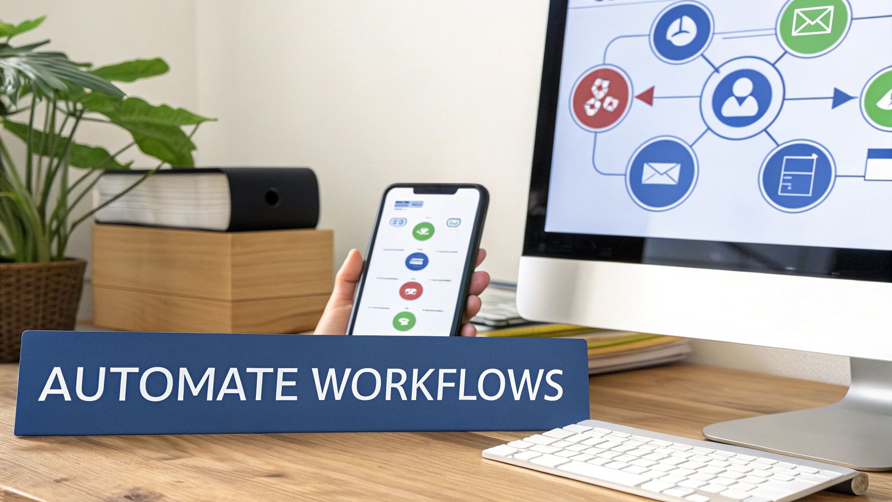 A person uses a smartphone and computer to automate workflows, with a sign on the desk.