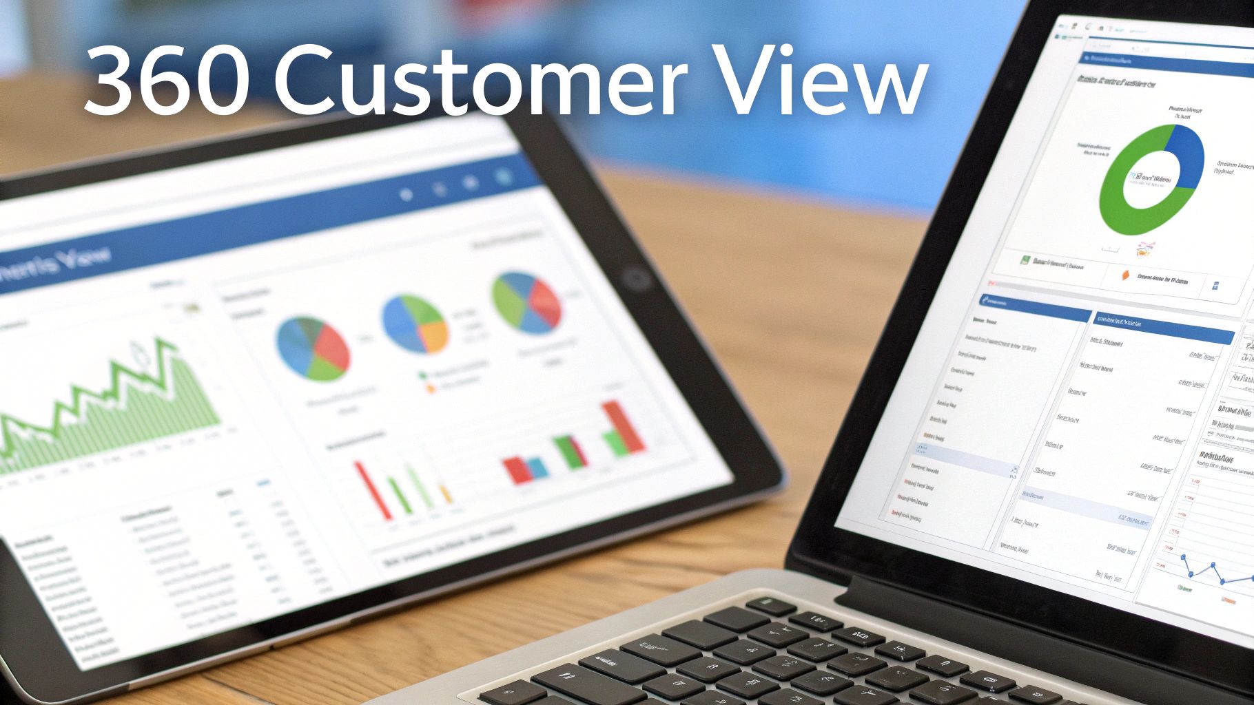 Digital dashboards on a tablet and laptop, showing a 360 customer view and analytics.