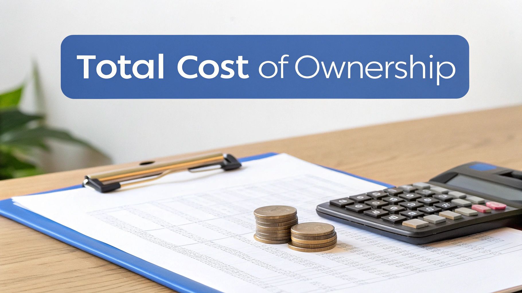 A blue banner displays 'Total Cost of Ownership' above a desk with financial papers, coins, and a calculator.