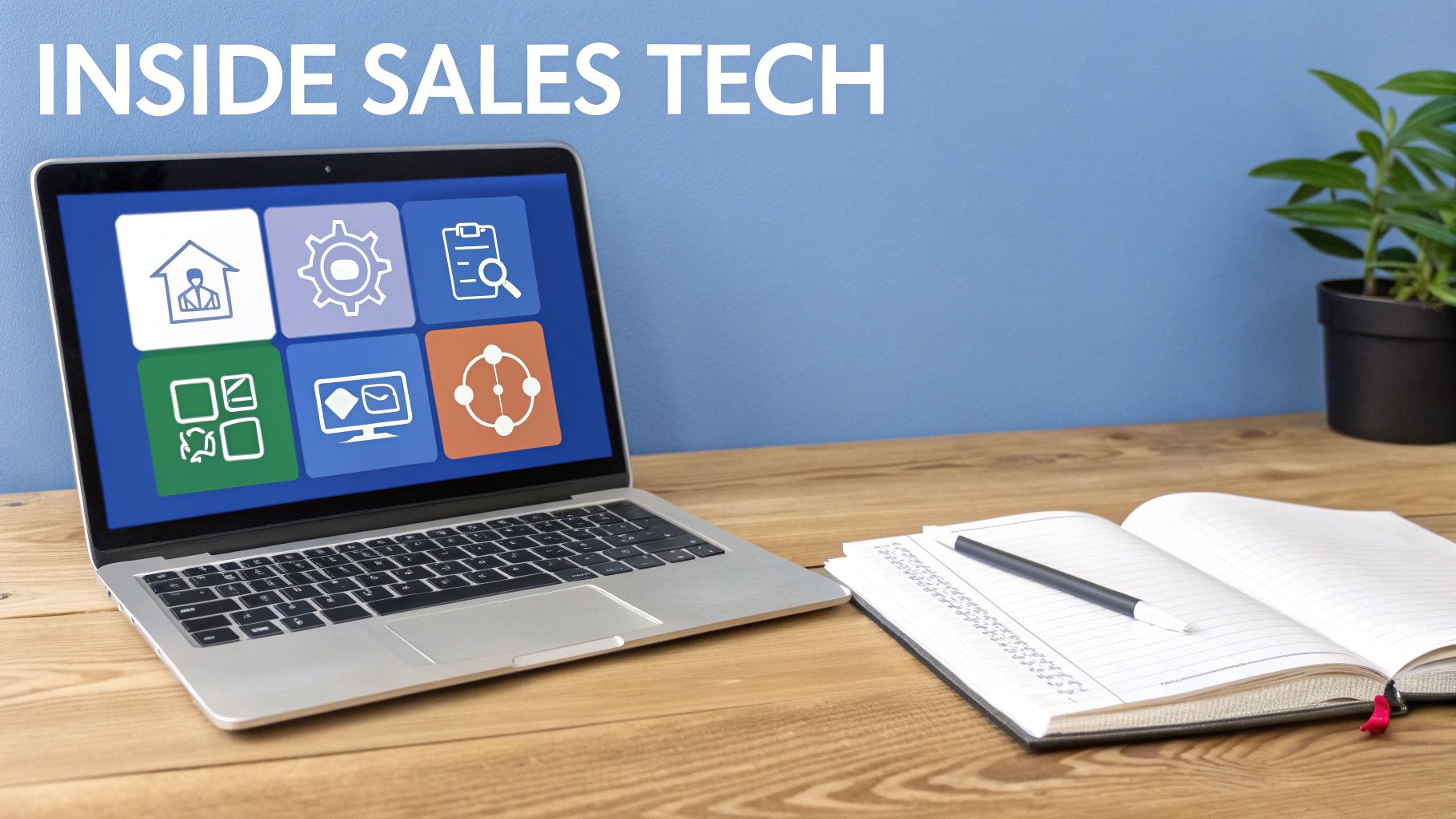 A laptop displaying various sales tech icons, a notebook, and a plant on a wooden desk.