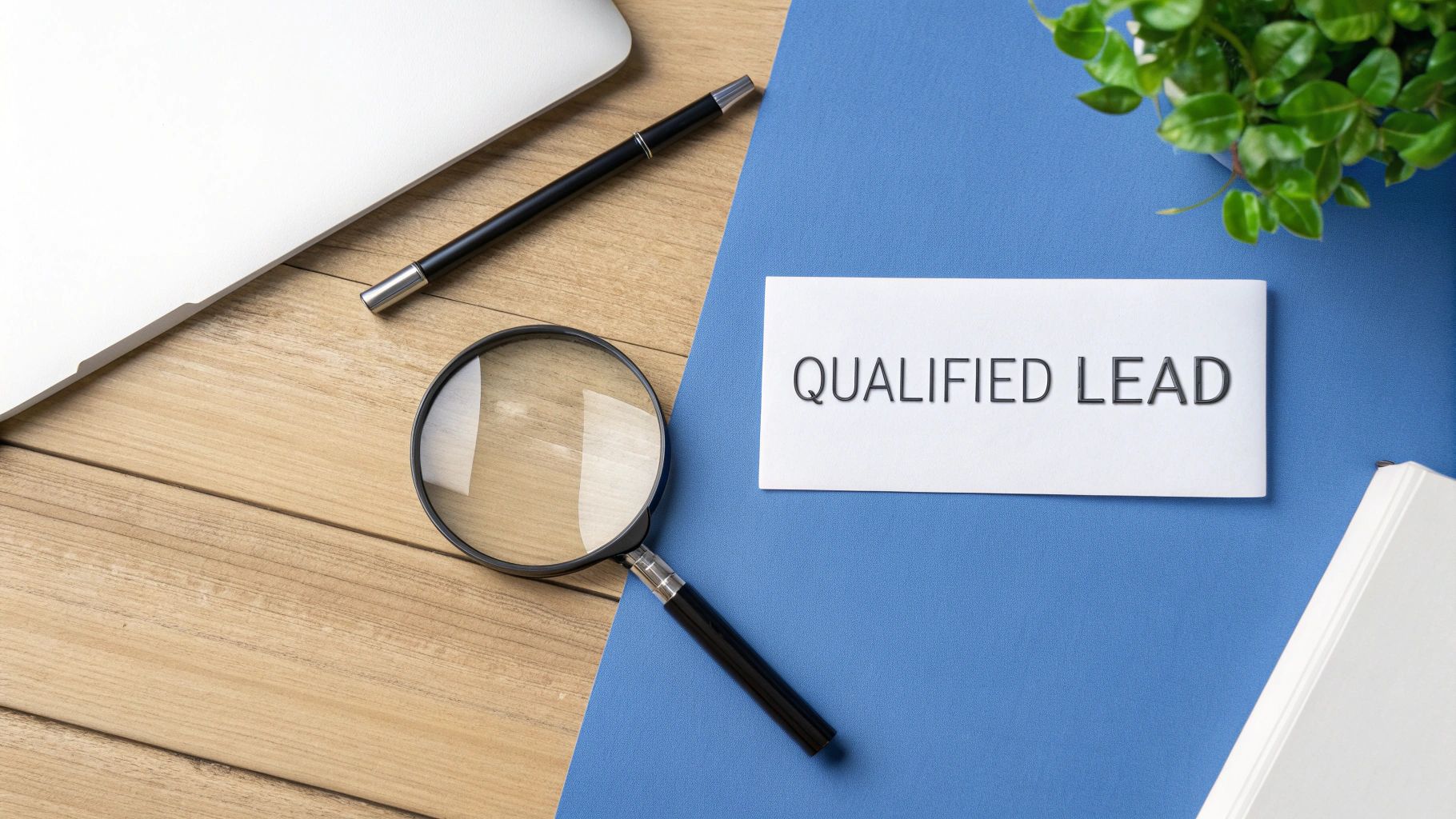 Flat lay desk with laptop, pen, magnifying glass, and 'QUALIFIED LEAD' card on a blue background.