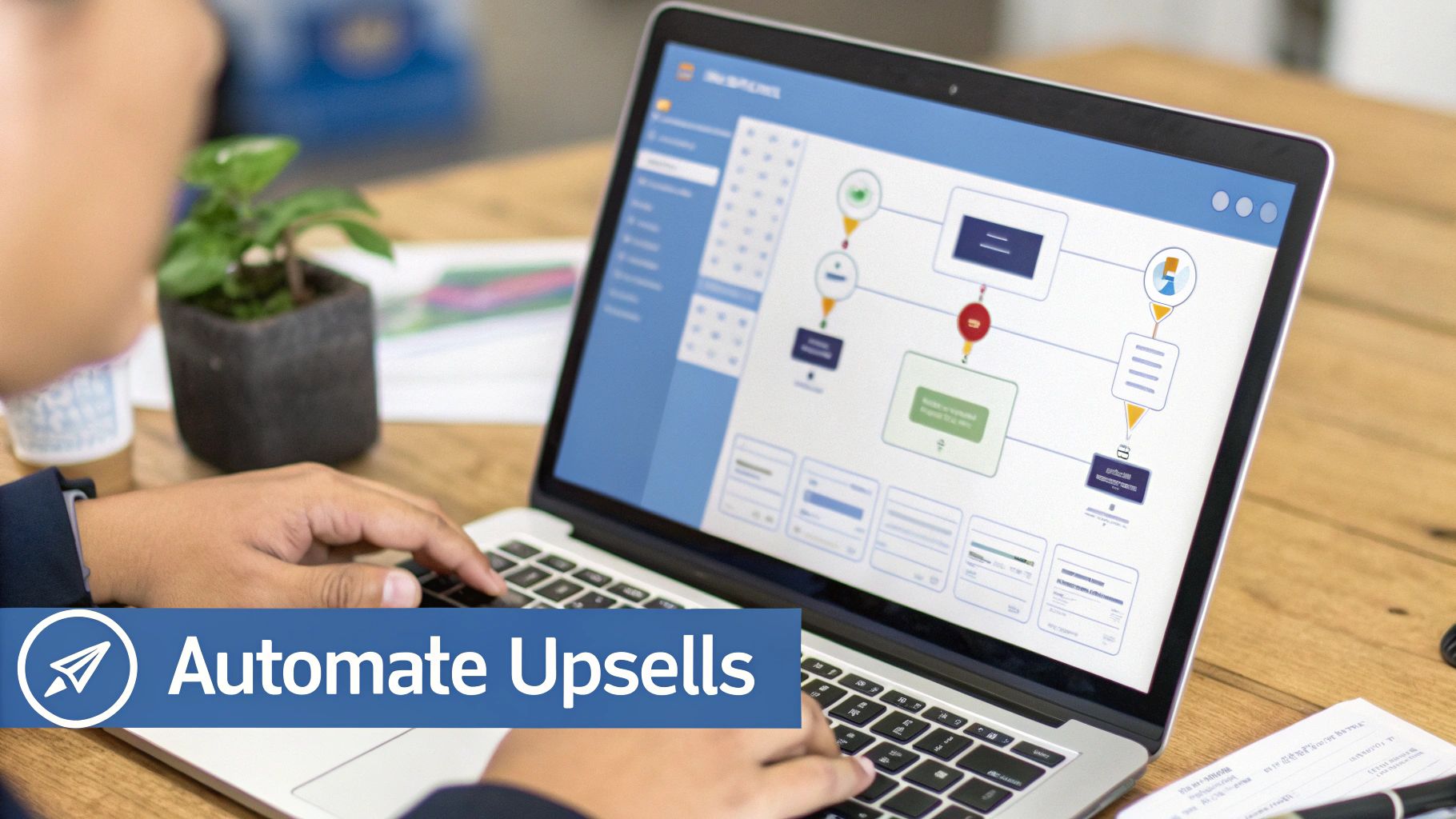 Person typing on a laptop displaying a business workflow diagram with 'Automate Upsells' overlay.