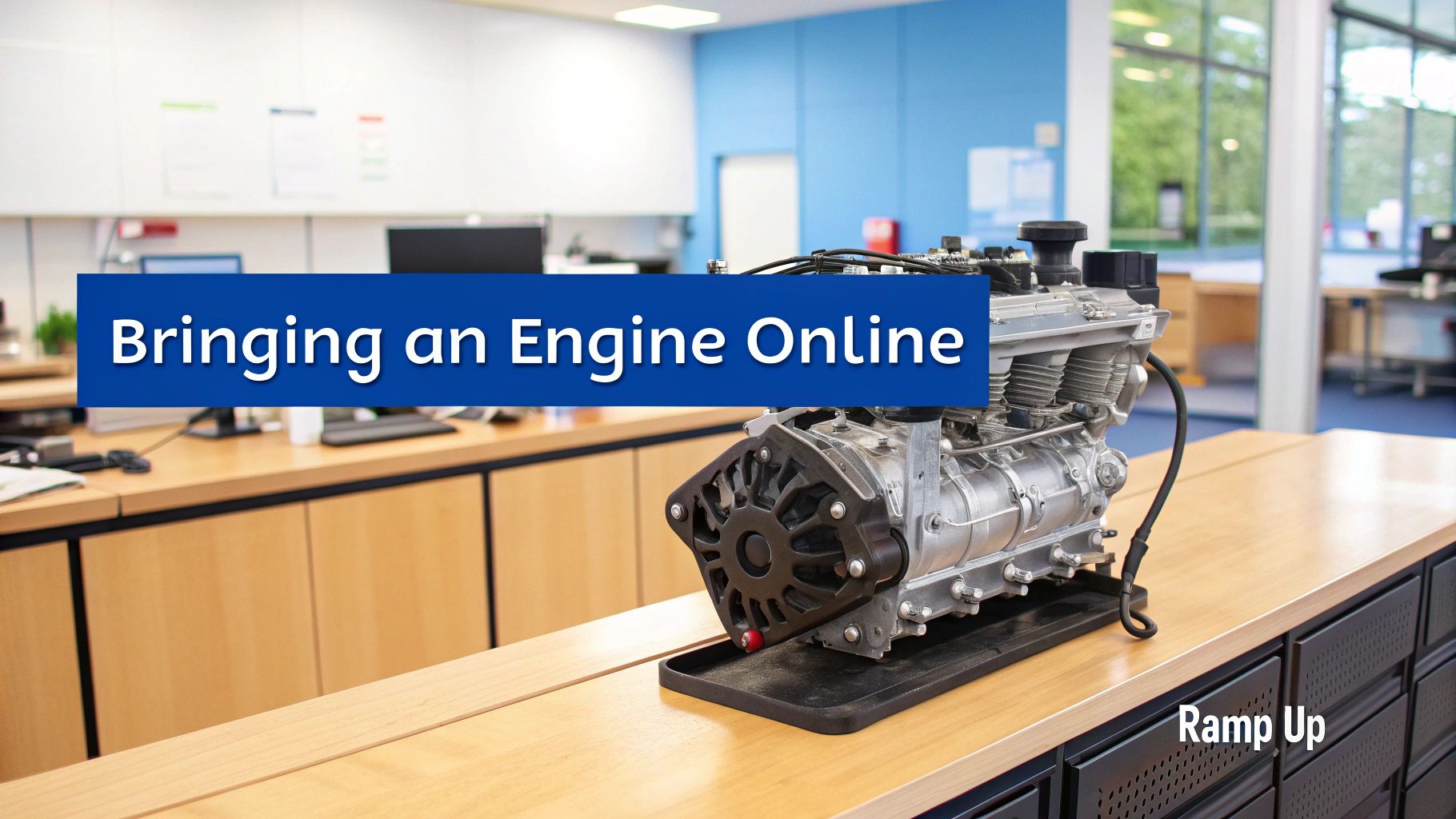 A detailed engine model sits on a wooden workbench in a modern workshop with text 'Bringing an Engine Online' and 'Ramp Up'.