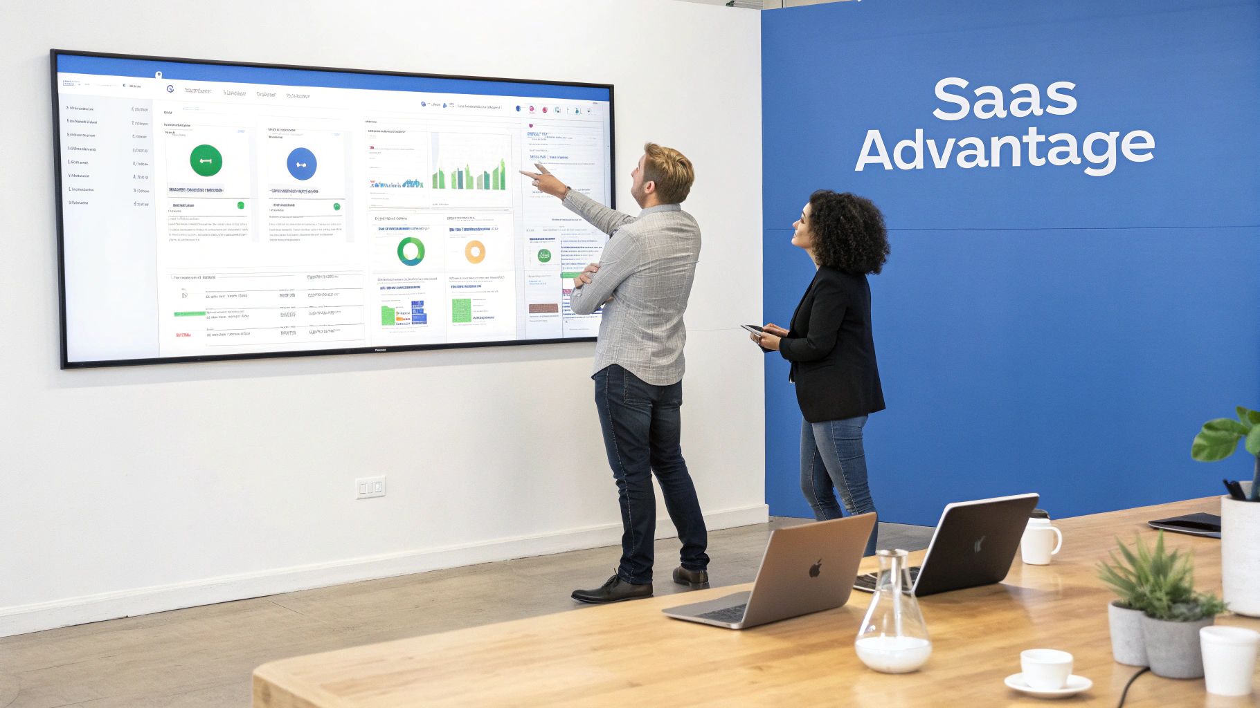Two professionals review a large digital business dashboard in a modern office, highlighting SaaS Advantage.
