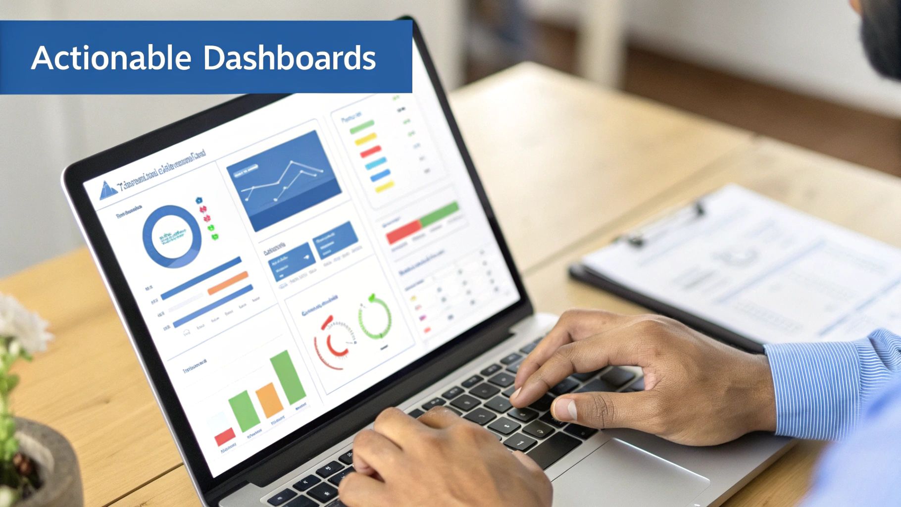 A person typing on a laptop screen displaying various actionable data dashboards with charts and graphs.