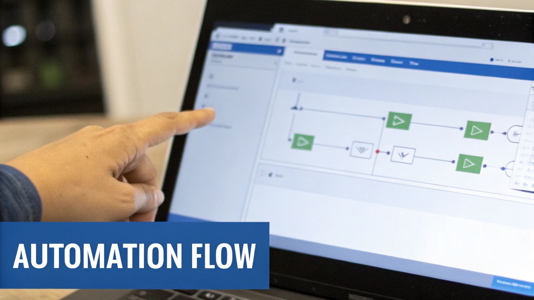 Person pointing at workflow automation diagram on computer screen showing connected process steps