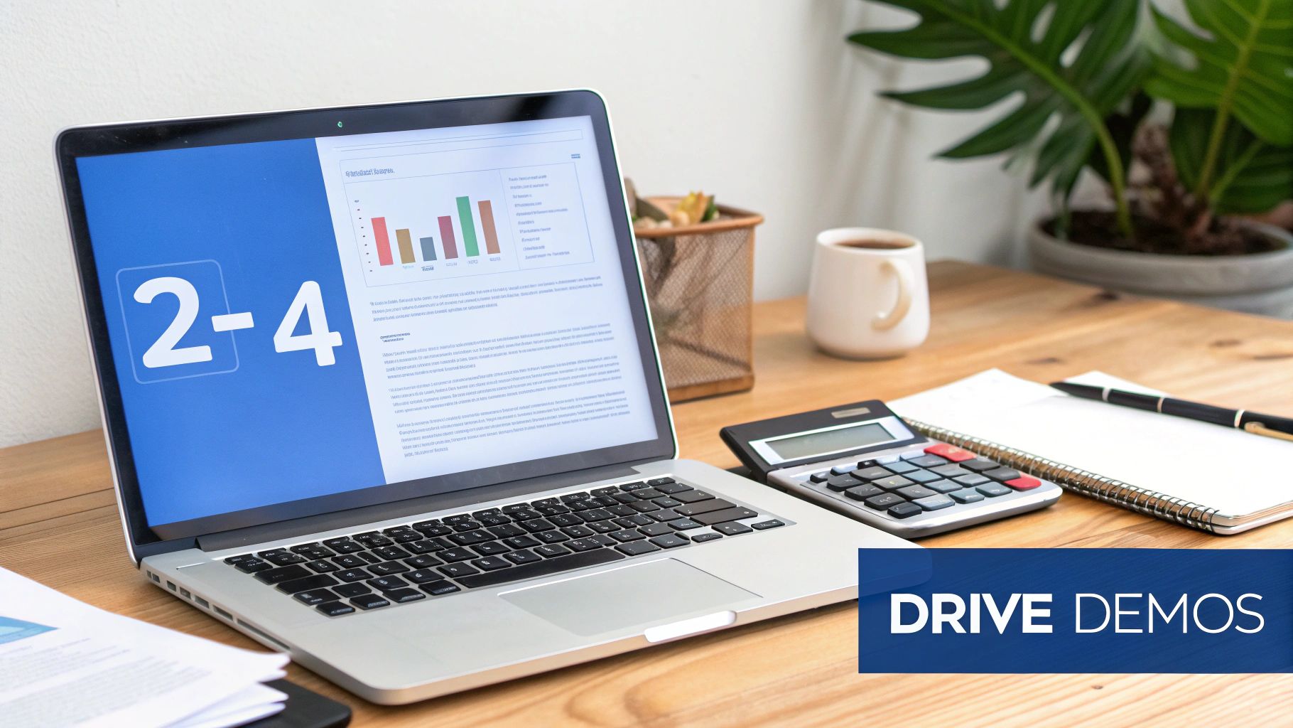 A laptop displaying a graph and '2-4' with a calculator, notebook, and coffee on a wooden desk.