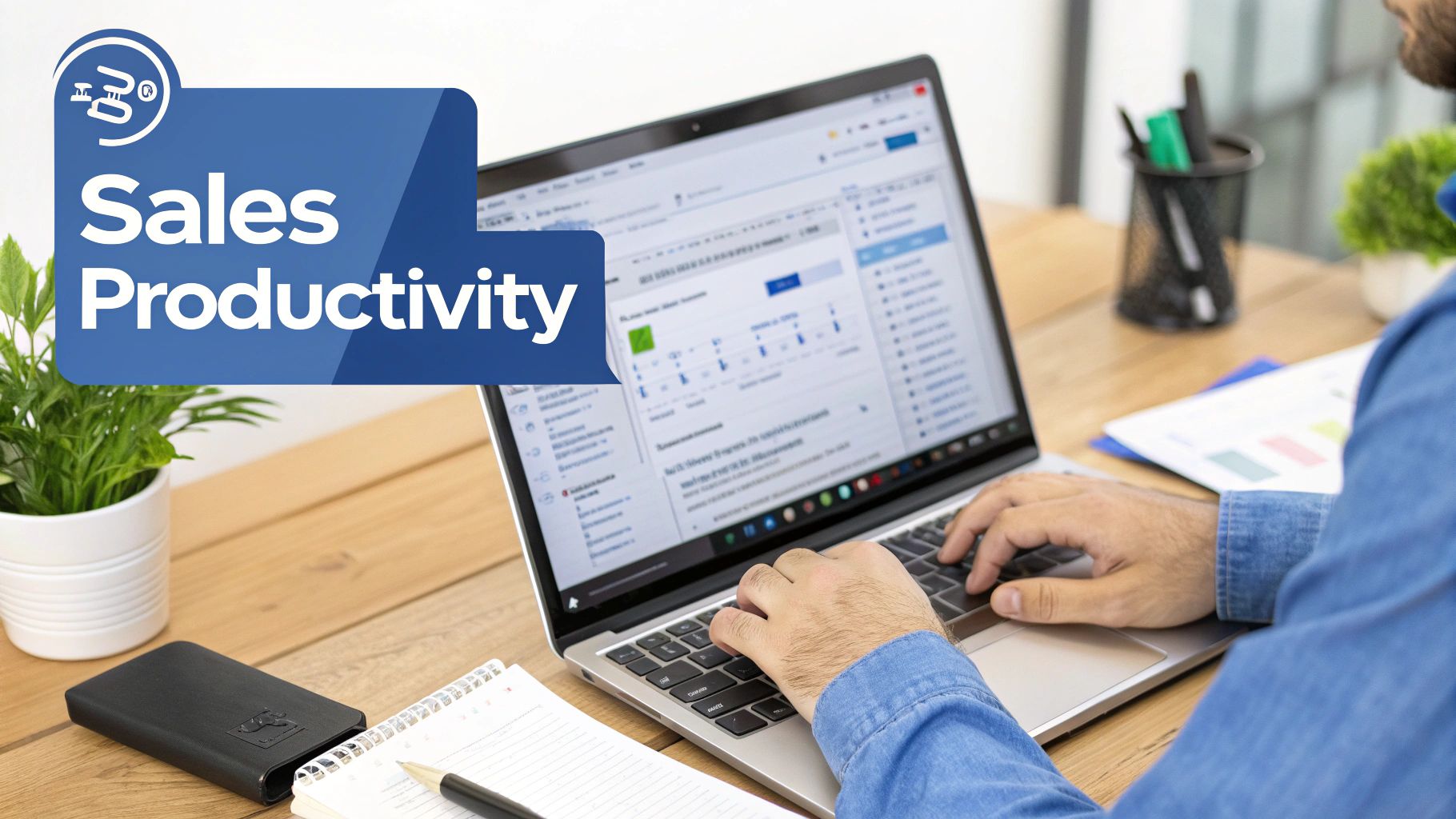 A person working on a laptop, with a 'Sales Productivity' banner in the foreground.