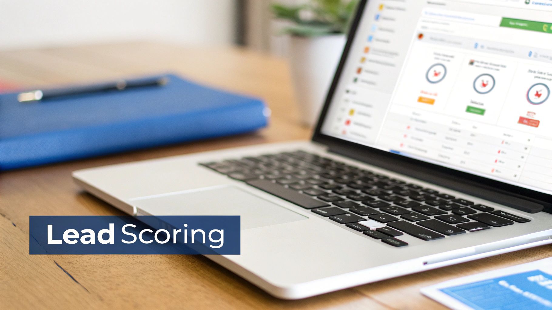 A laptop screen displaying a lead scoring dashboard with analytics, charts, and data on a wooden desk.