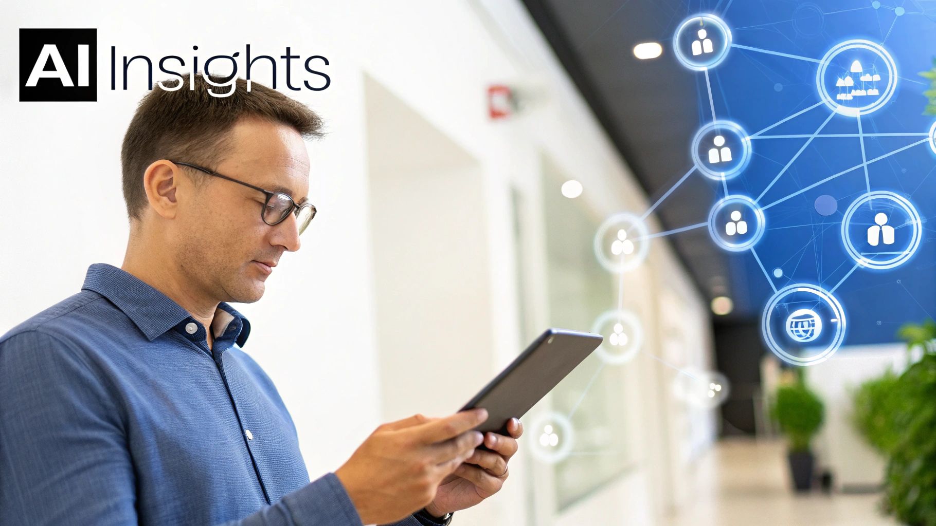 A man in glasses using a tablet, with an 'AI Insights' logo and digital network overlay.