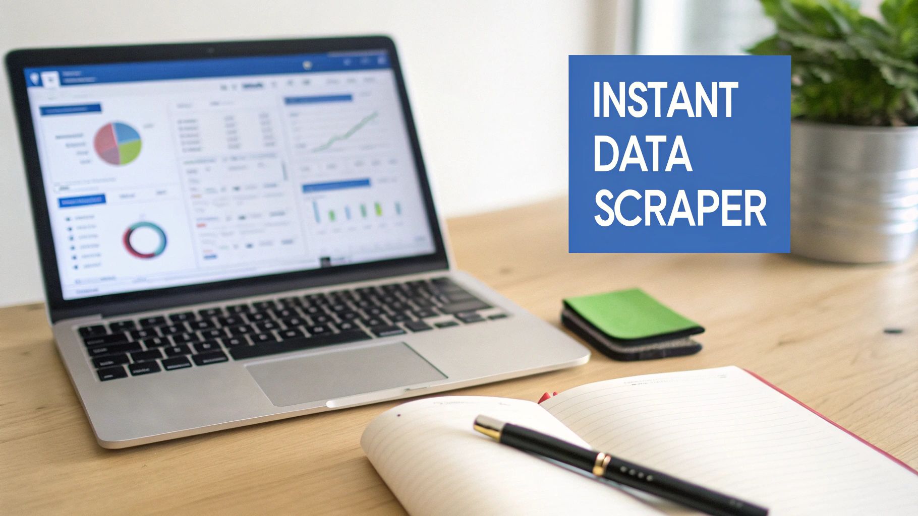 Laptop showing data charts and graphs, with an 'Instant Data Scraper' overlay, notebook, and plant on a desk.