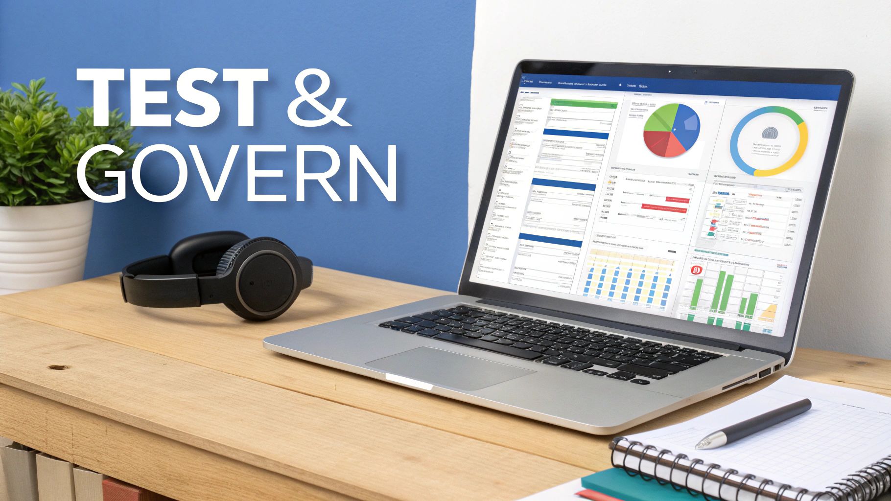 A modern desk setup with a laptop showing 'TEST & GOVERN' dashboards, headphones, and a plant.