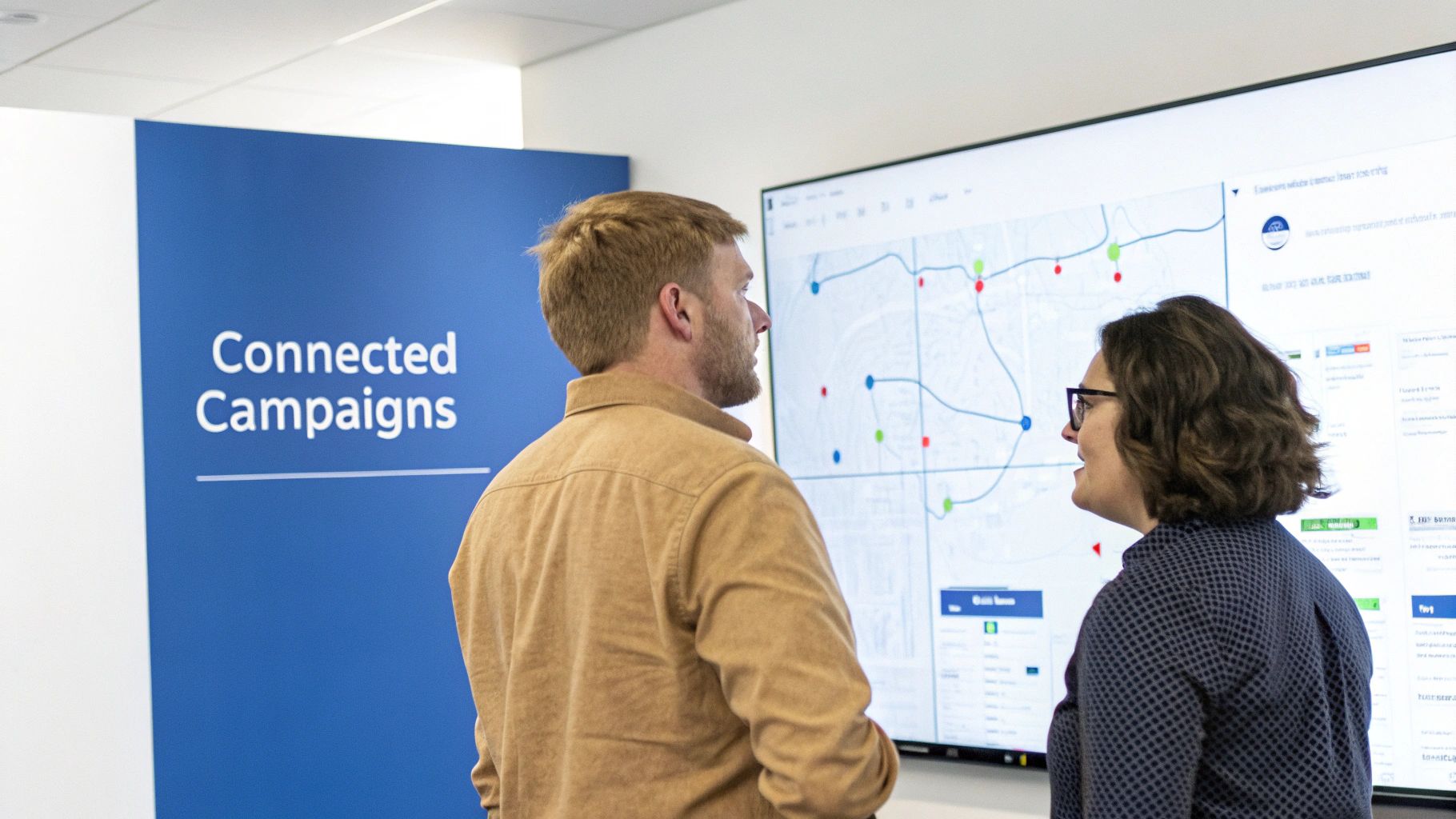 Two colleagues analyze campaign data on a large digital map display in a modern office.