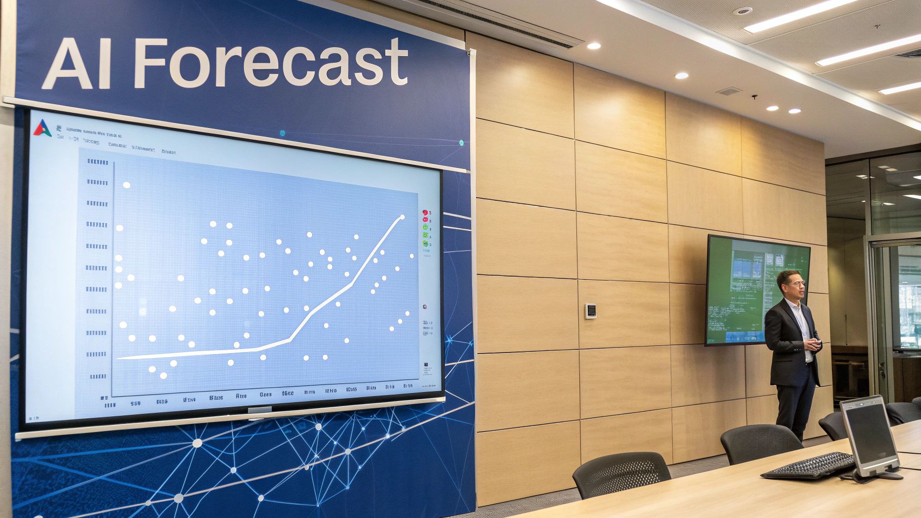 Man in a suit presenting in a modern conference room with large screens displaying an AI forecast graph.