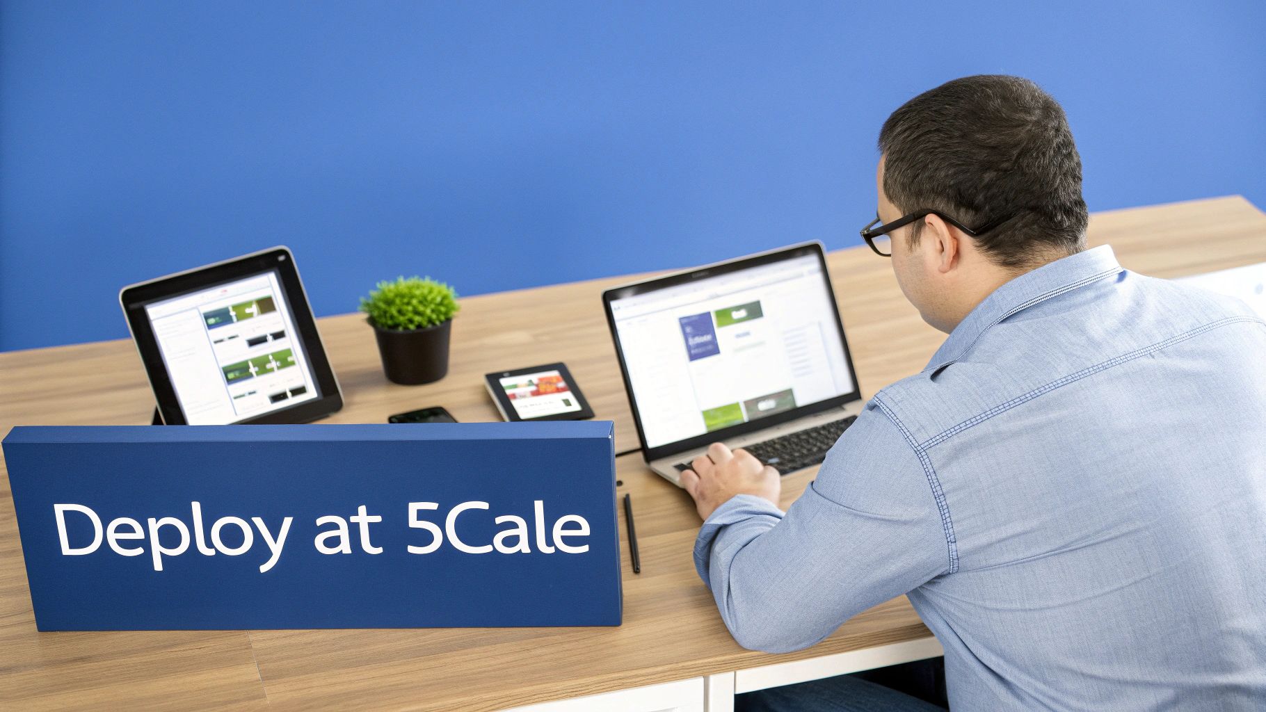 Over-the-shoulder view of a man working on a laptop, with a tablet and "Deploy at 5CAle" sign on a desk.