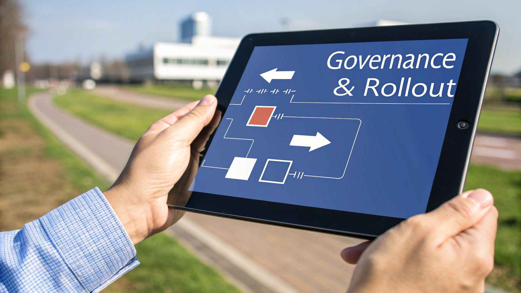 Hands holding a tablet displaying 'Governance & Rollout' text and a business flowchart diagram.