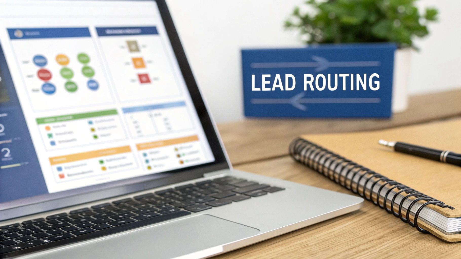 Laptop displaying a lead routing dashboard with charts, next to a 'LEAD ROUTING' sign and a notebook.