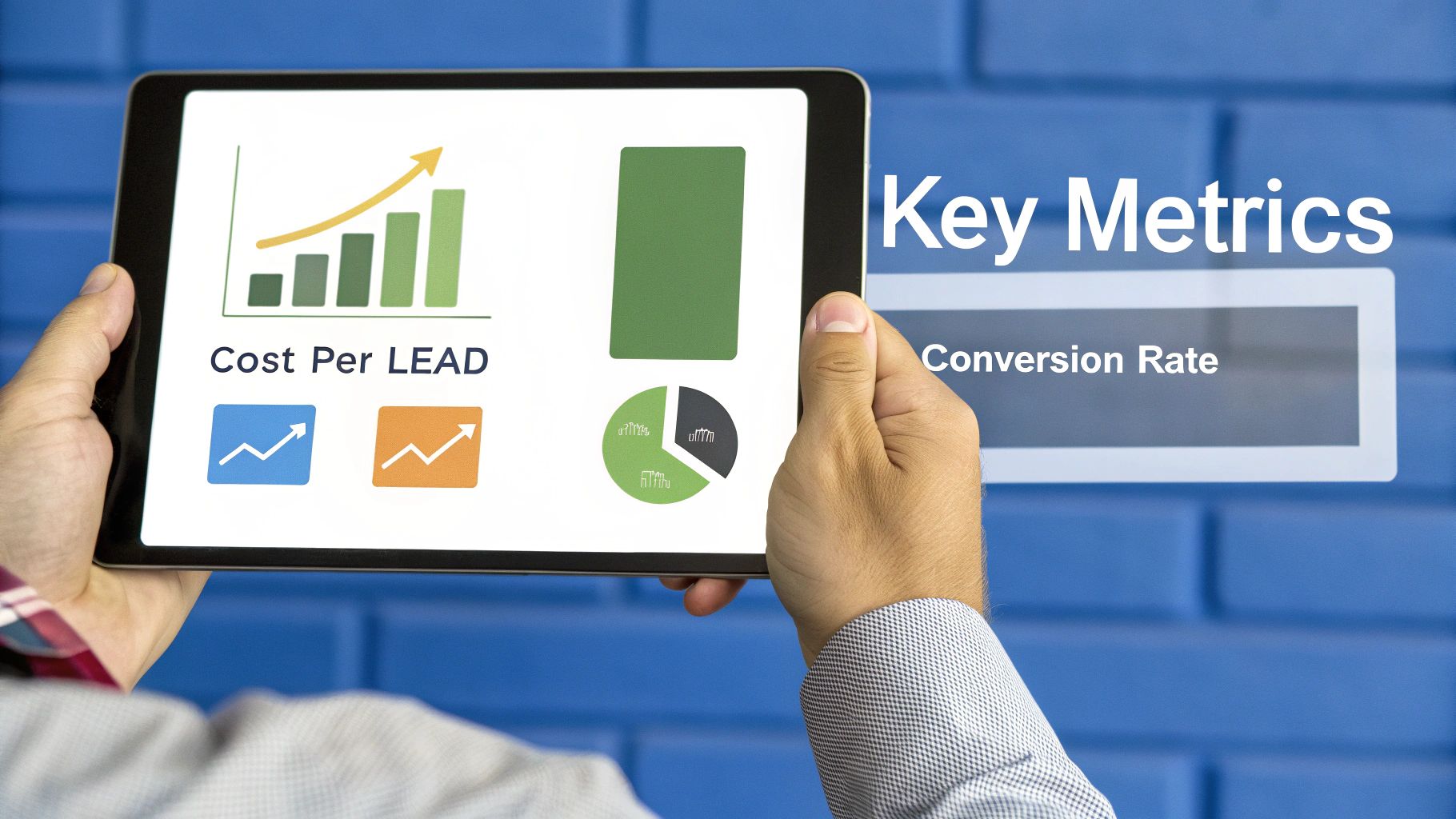 A person holds a tablet showing 'Cost Per LEAD' graphs, charts, and 'Key Metrics' including 'Conversion Rate'.
