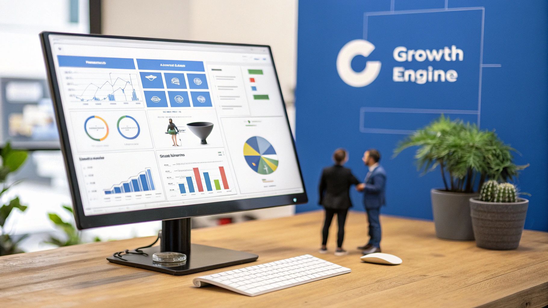 A monitor displays data dashboards and graphs, with a keyboard, mouse, miniature business figures, and 'Growth Engine' branding.