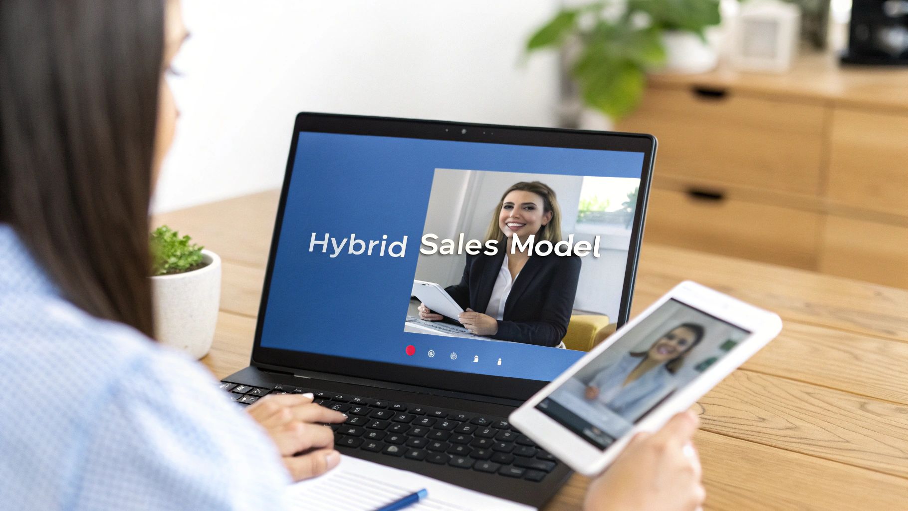 Woman engaging in a hybrid sales model video call on a laptop and smartphone.