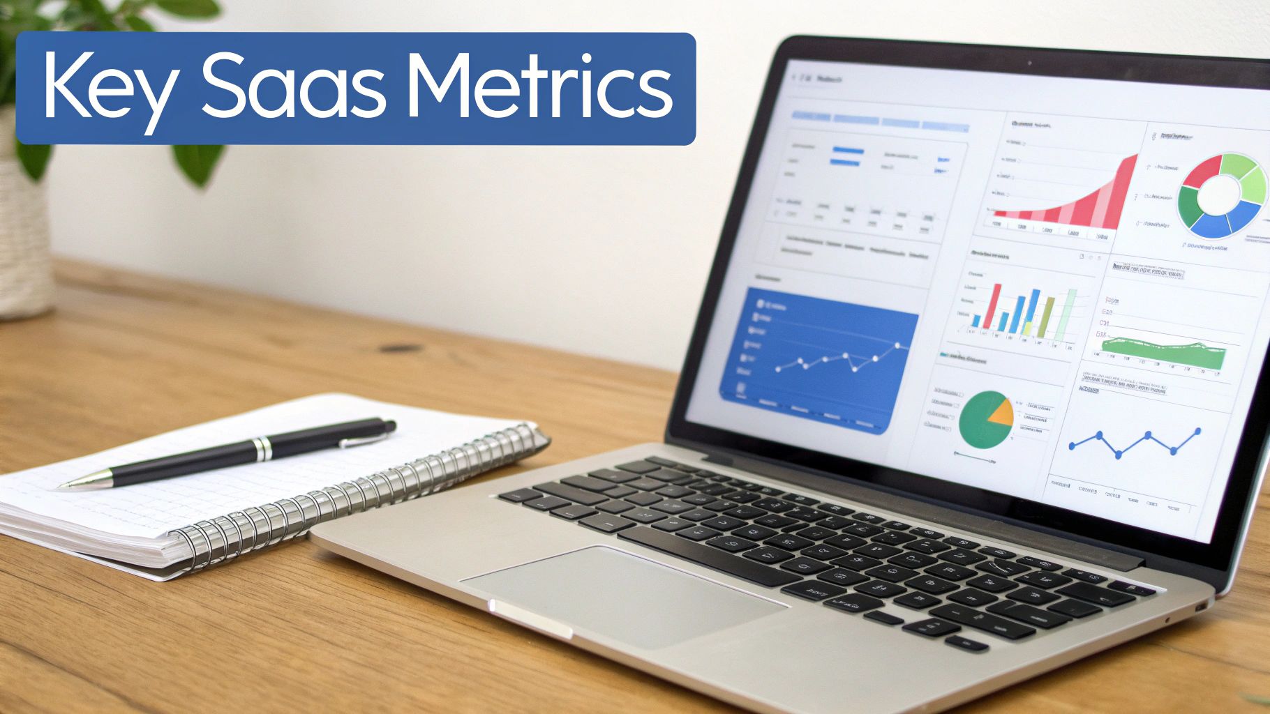 A laptop displaying key SaaS metrics with various charts, graphs, and a notebook on a wooden desk.