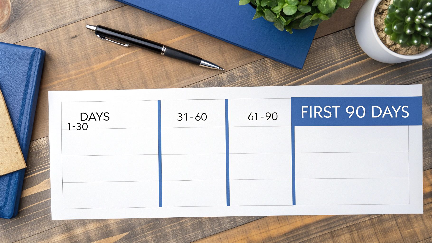 A "First 90 Days" plan grid with sections for days 1-30, 31-60, and 61-90, on a wooden desk.