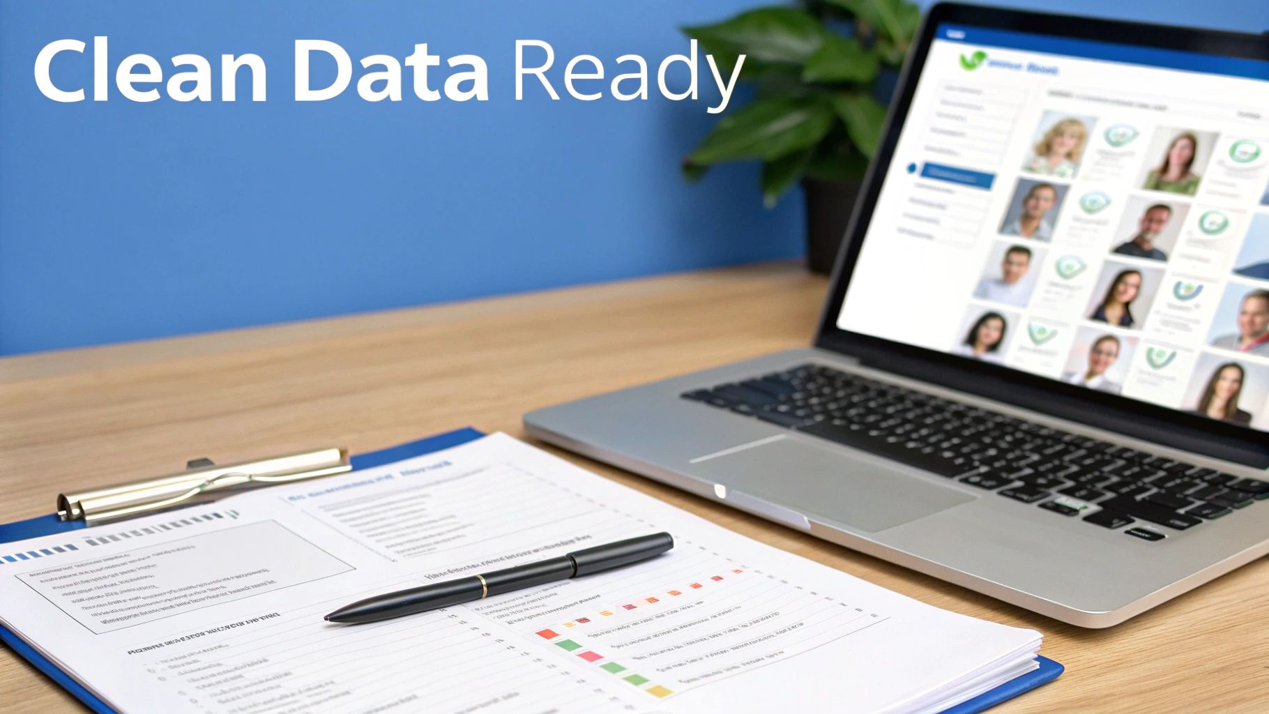Laptop displaying contact data, a data report, and 'Clean Data Ready' text on a desk.