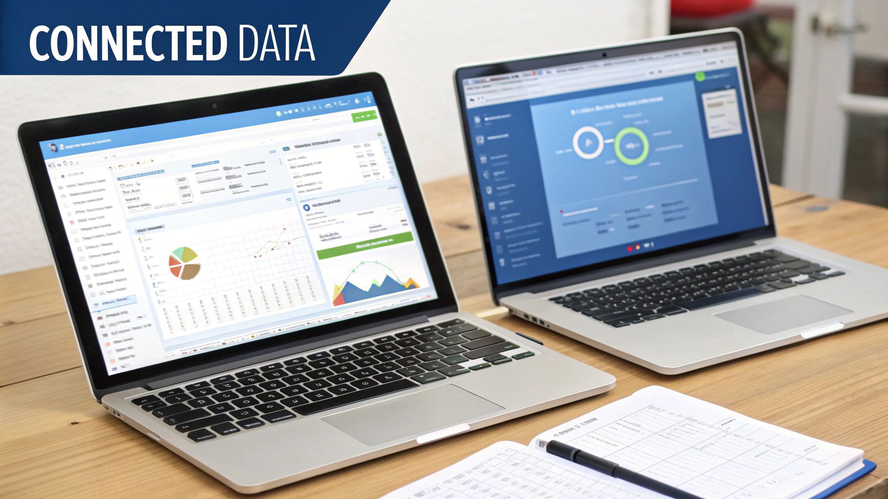 Two laptops on a wooden desk displaying business intelligence dashboards with charts and graphs, alongside a notebook and pen.