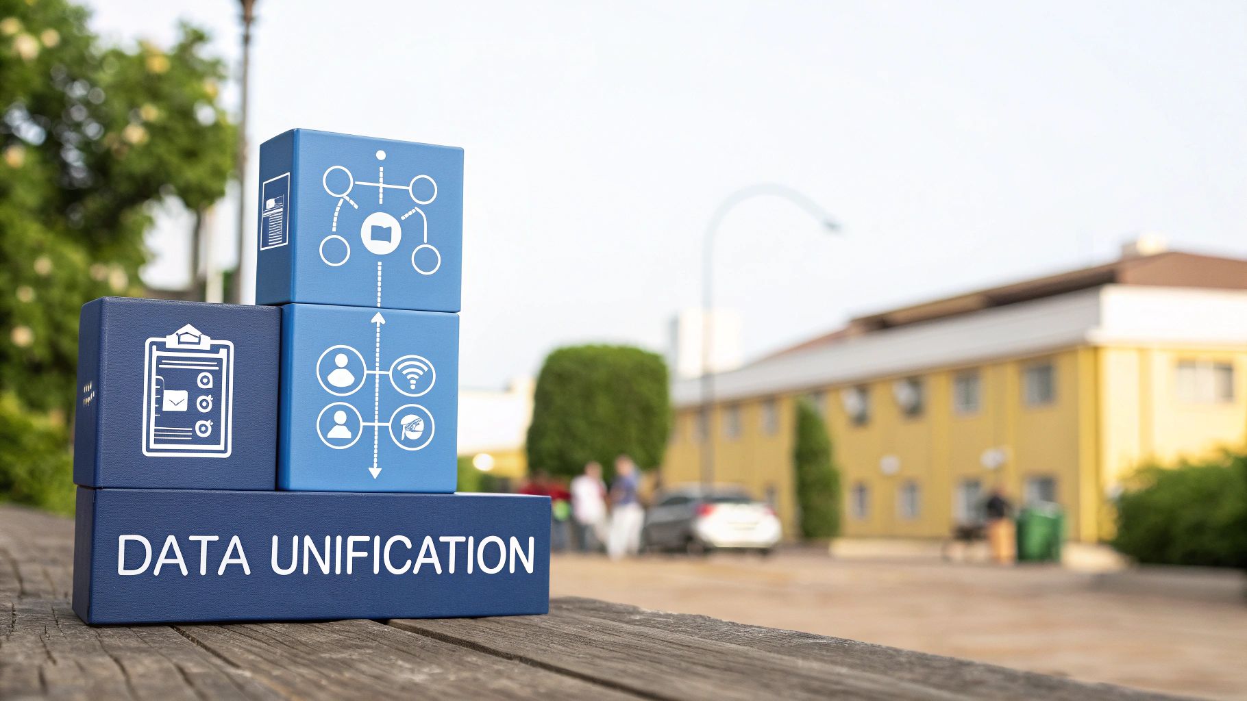 A diagram showing data flowing from multiple sources into a central hub, representing data unification.