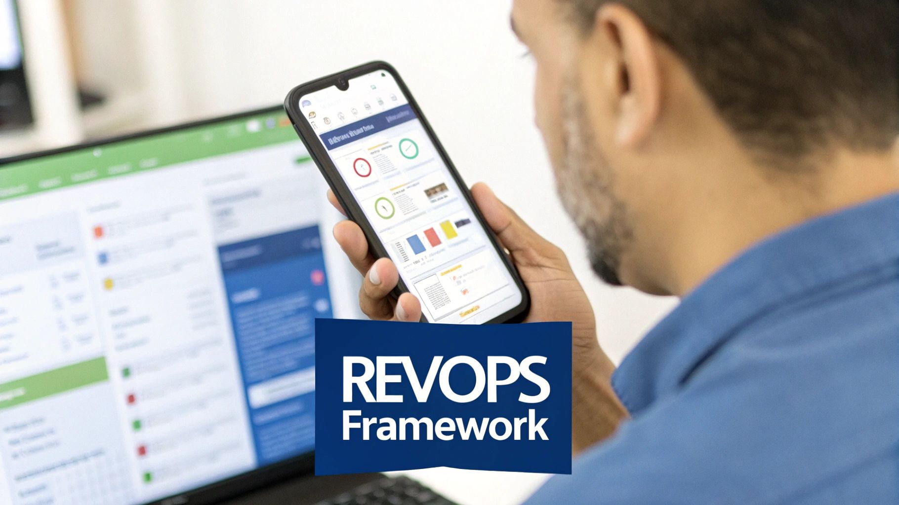A man reviews data on a smartphone, displaying charts and information, with a laptop visible in the background and a 'REVOPS Framework' overlay.