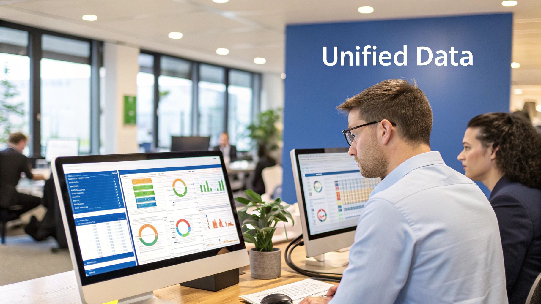 Two circles with arrows showing data flowing between them, representing data synchronization.