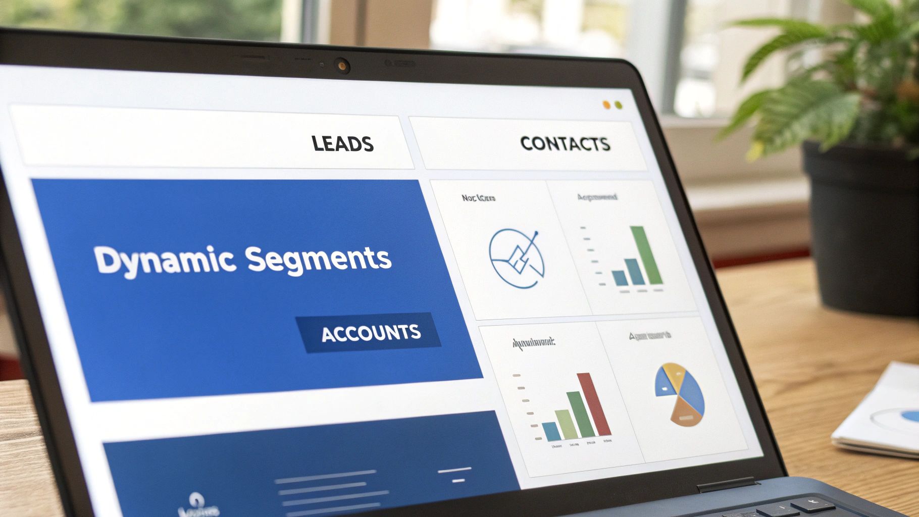 Laptop screen showing a marketing or CRM dashboard with leads, contacts, dynamic segments, and accounts.