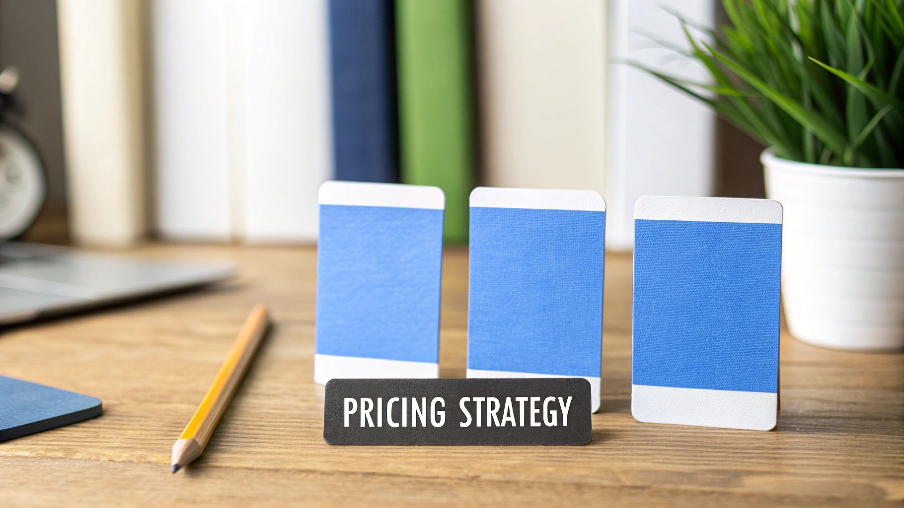 A wooden desk with a 'PRICING STRATEGY' sign, blue cards, a pencil, and office items.