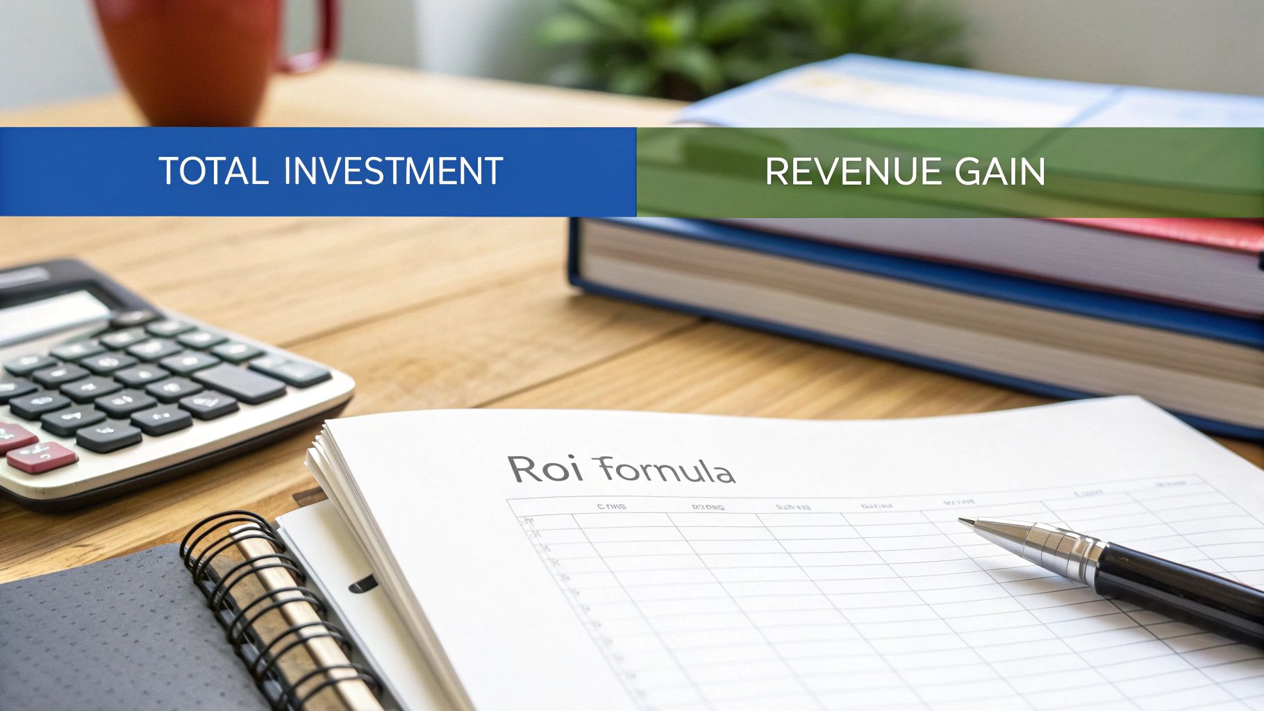Desk setup with calculator, books, and ROI formula sheet for financial analysis.