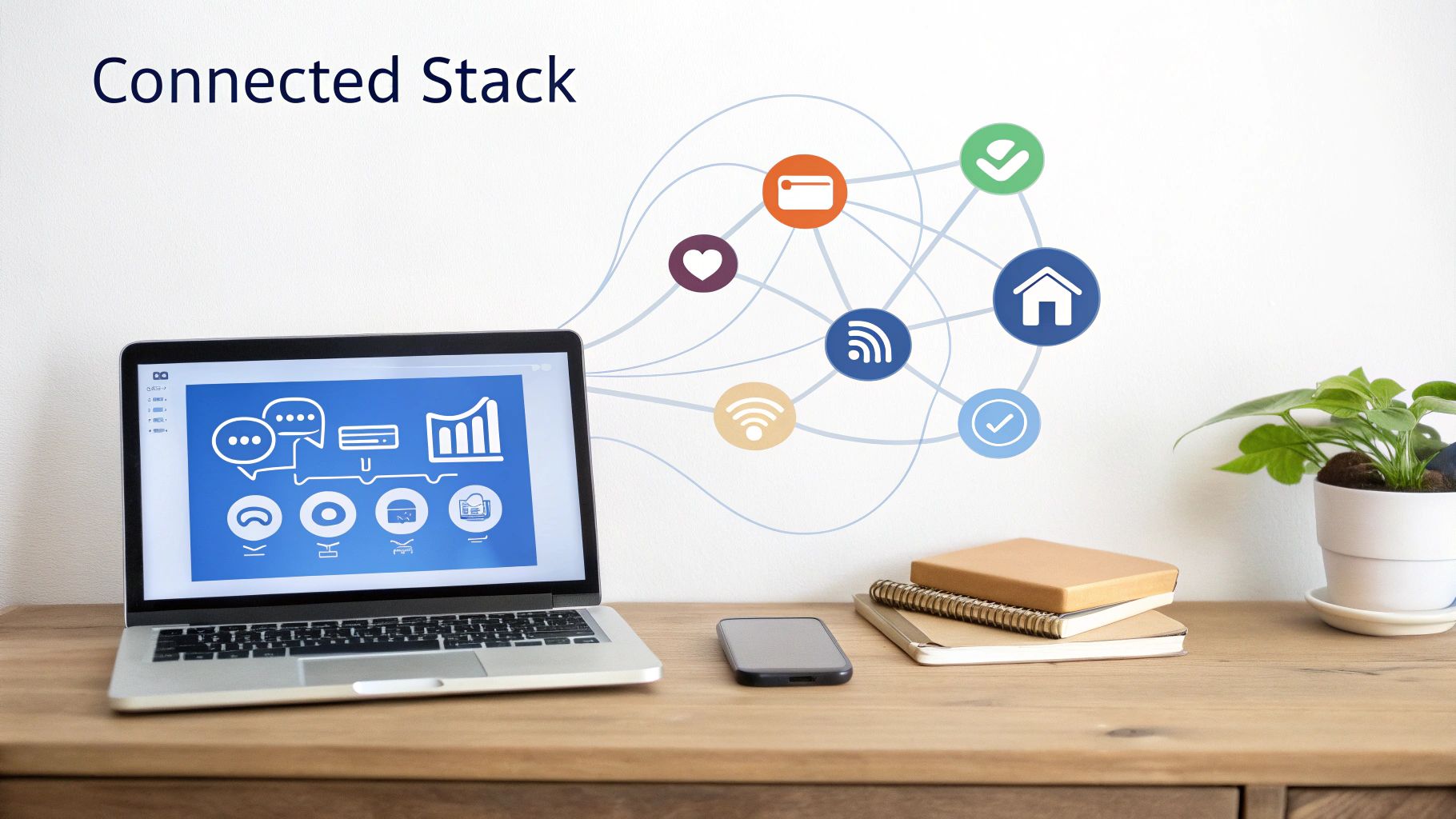 Laptop on desk with connected digital icons, illustrating a network of integrated services on the wall.