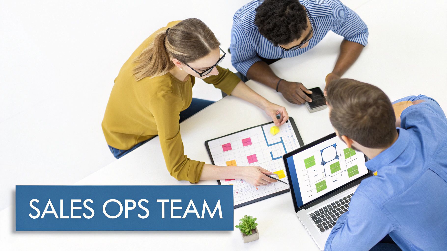 A sales operations team of three collaborates, reviewing a process flow on a tablet and laptop.