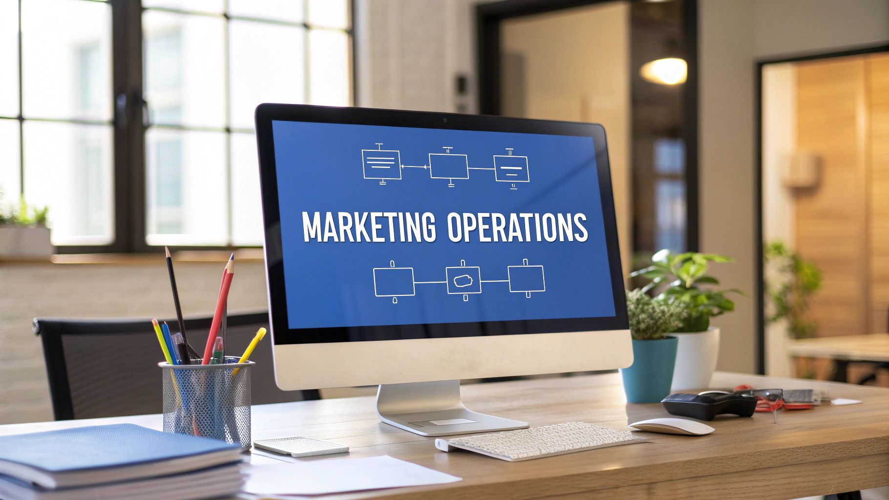 A team of marketing operations professionals collaborating on a project with charts and graphs in the background.