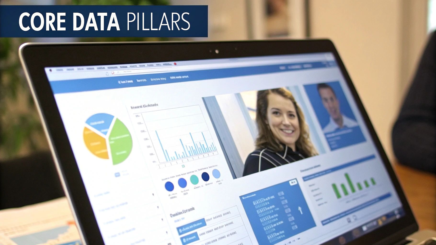 A laptop screen displaying a business dashboard with data charts, graphs, and smiling professionals.