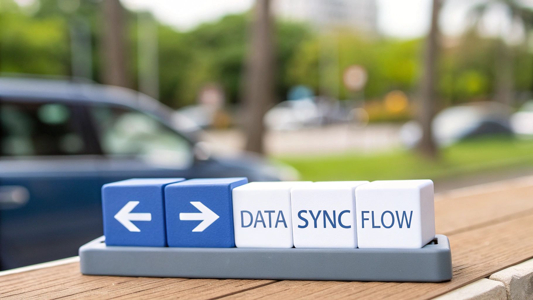 Cubes spelling 'DATA SYNC FLOW' with left and right arrows, symbolizing data synchronization.
