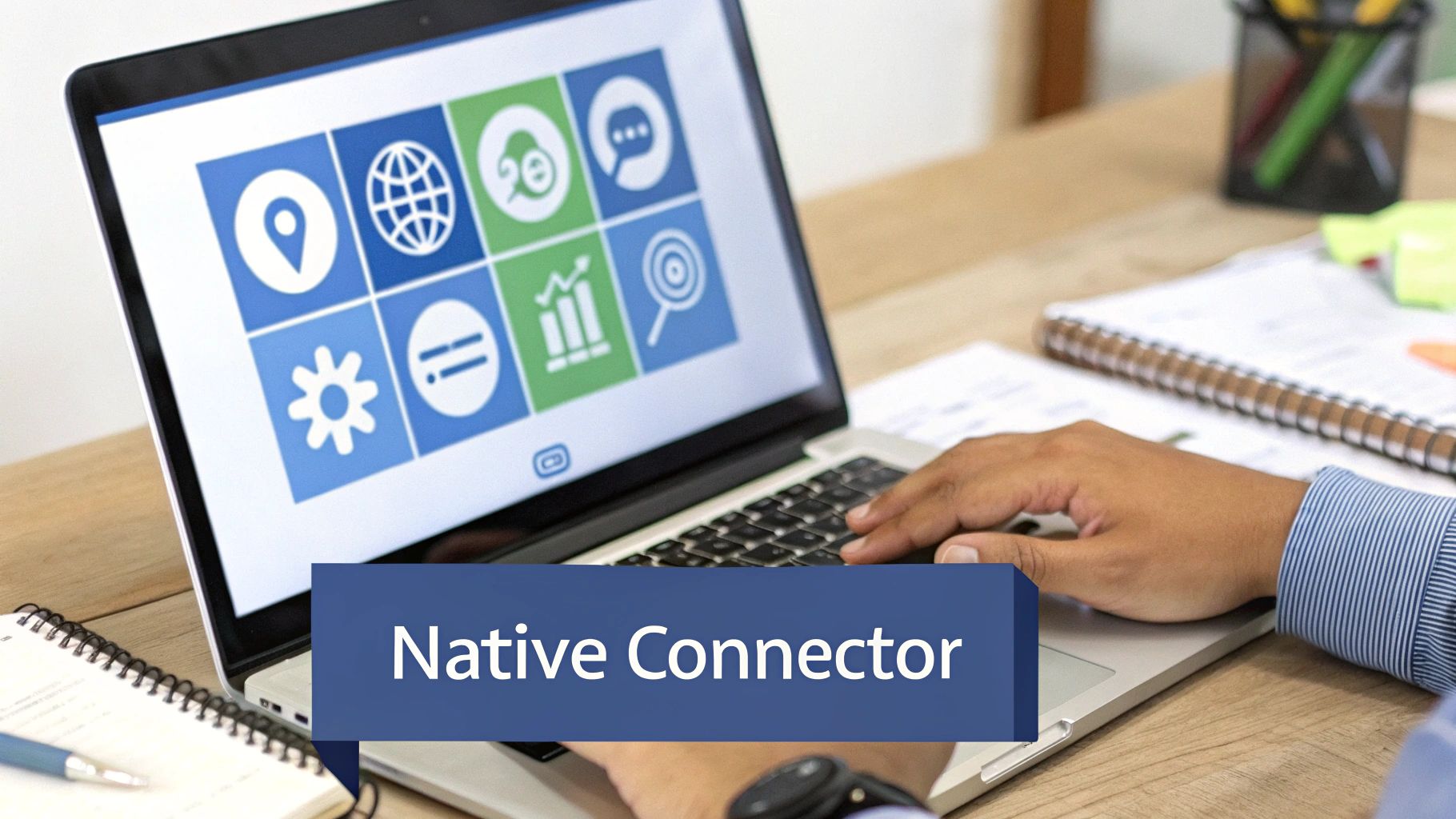 A person types on a laptop displaying app icons, with 'Native Connector' text overlay.
