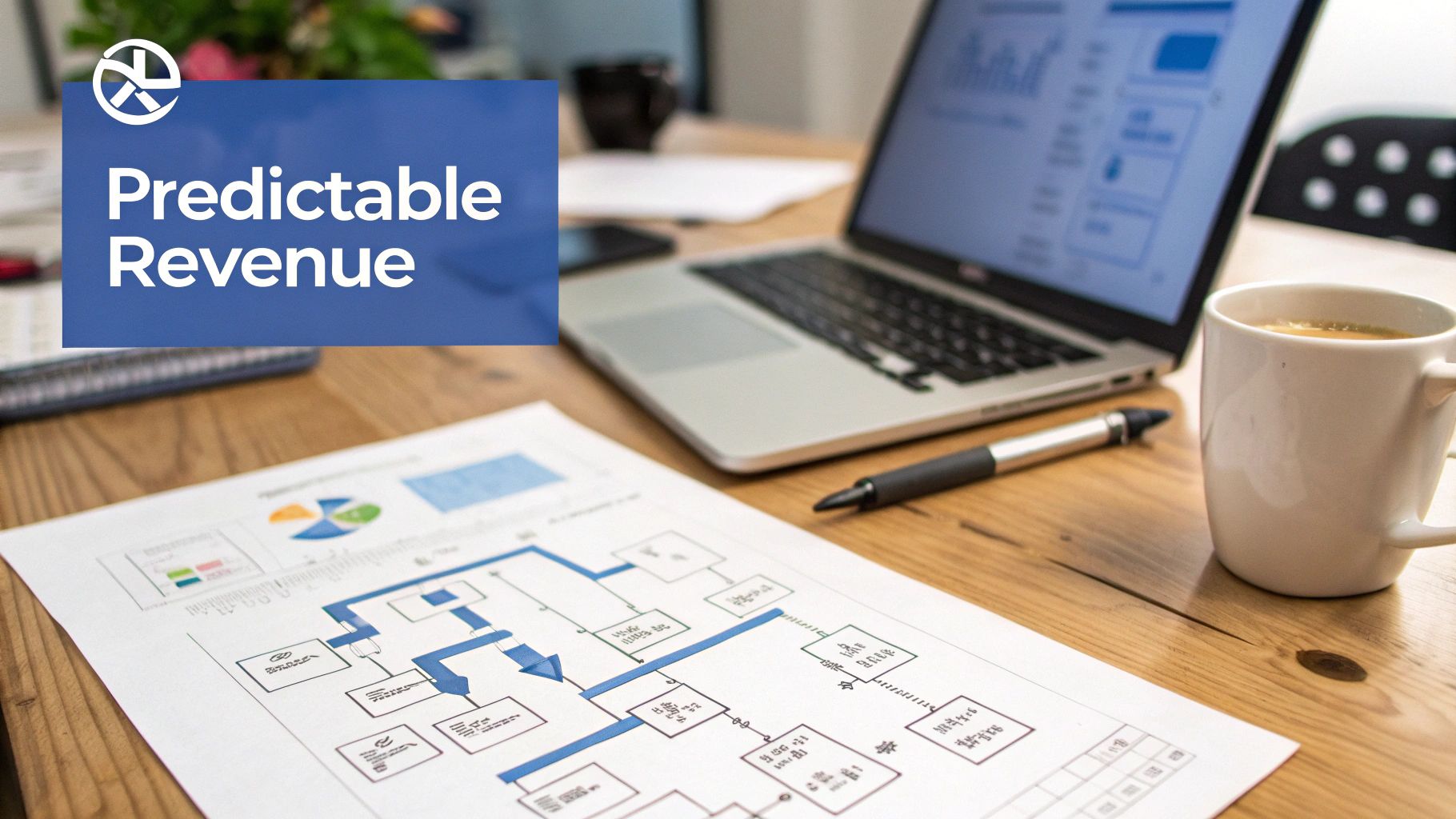 A workspace with a laptop, coffee, and documents showing charts and a flowchart for sales strategy.