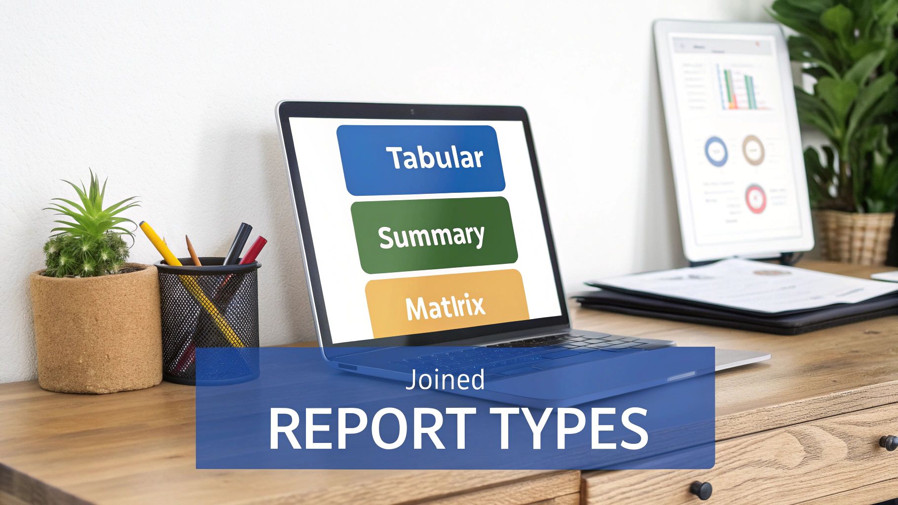 Laptop displaying 'Tabular', 'Summary', 'Matrix' report types, with 'Joined REPORT TYPES' overlay.