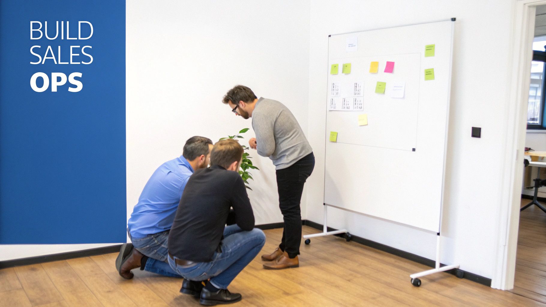 A team of professionals collaborating in front of a whiteboard covered in sticky notes and charts, planning a sales operations strategy.