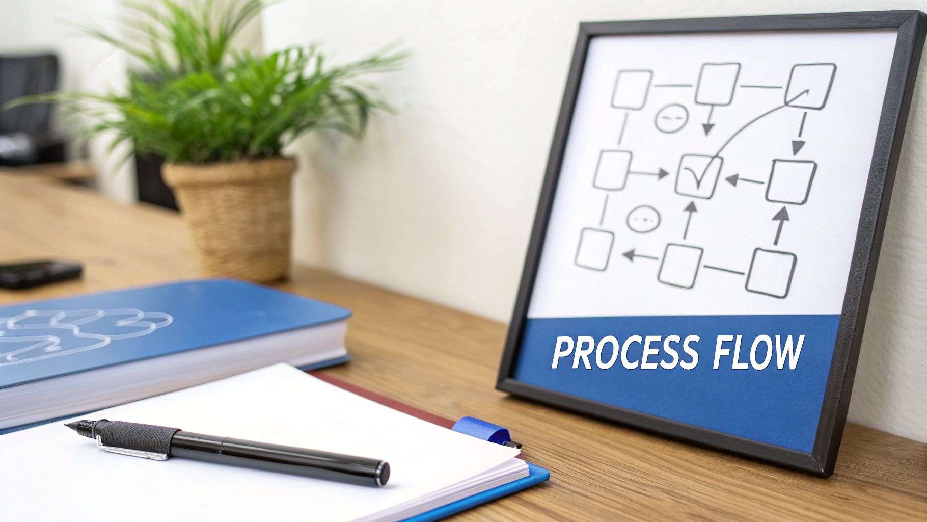 A flowchart illustrating a business process, with various shapes and arrows indicating the flow of steps and decisions.