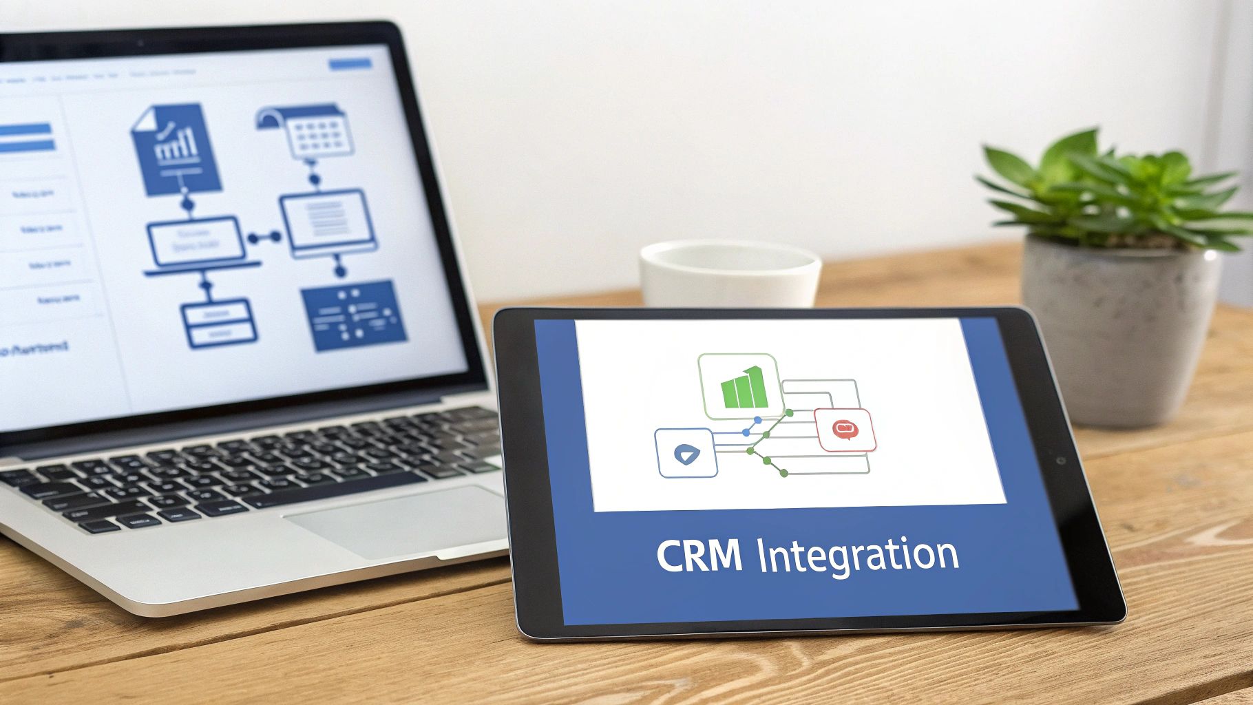 Laptop and tablet on a wooden desk, both displaying diagrams related to CRM integration and data processes.