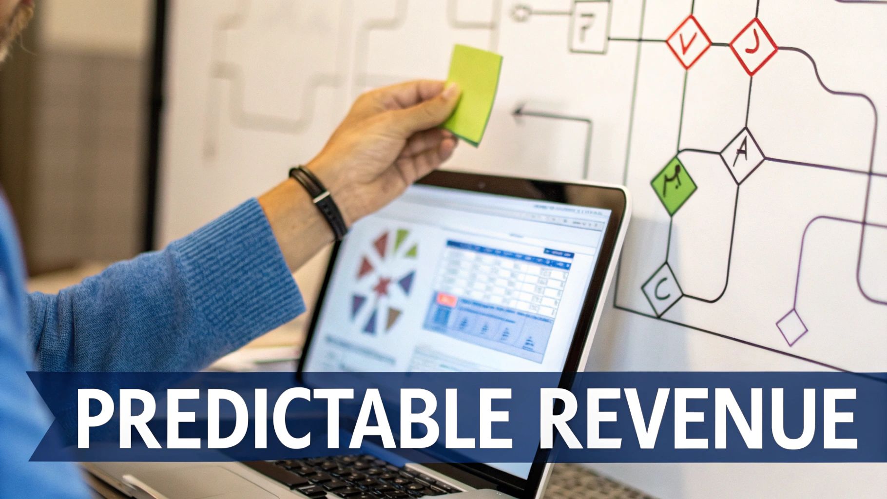 Person analyzes sales data on a laptop, holding a sticky note, with a business diagram.