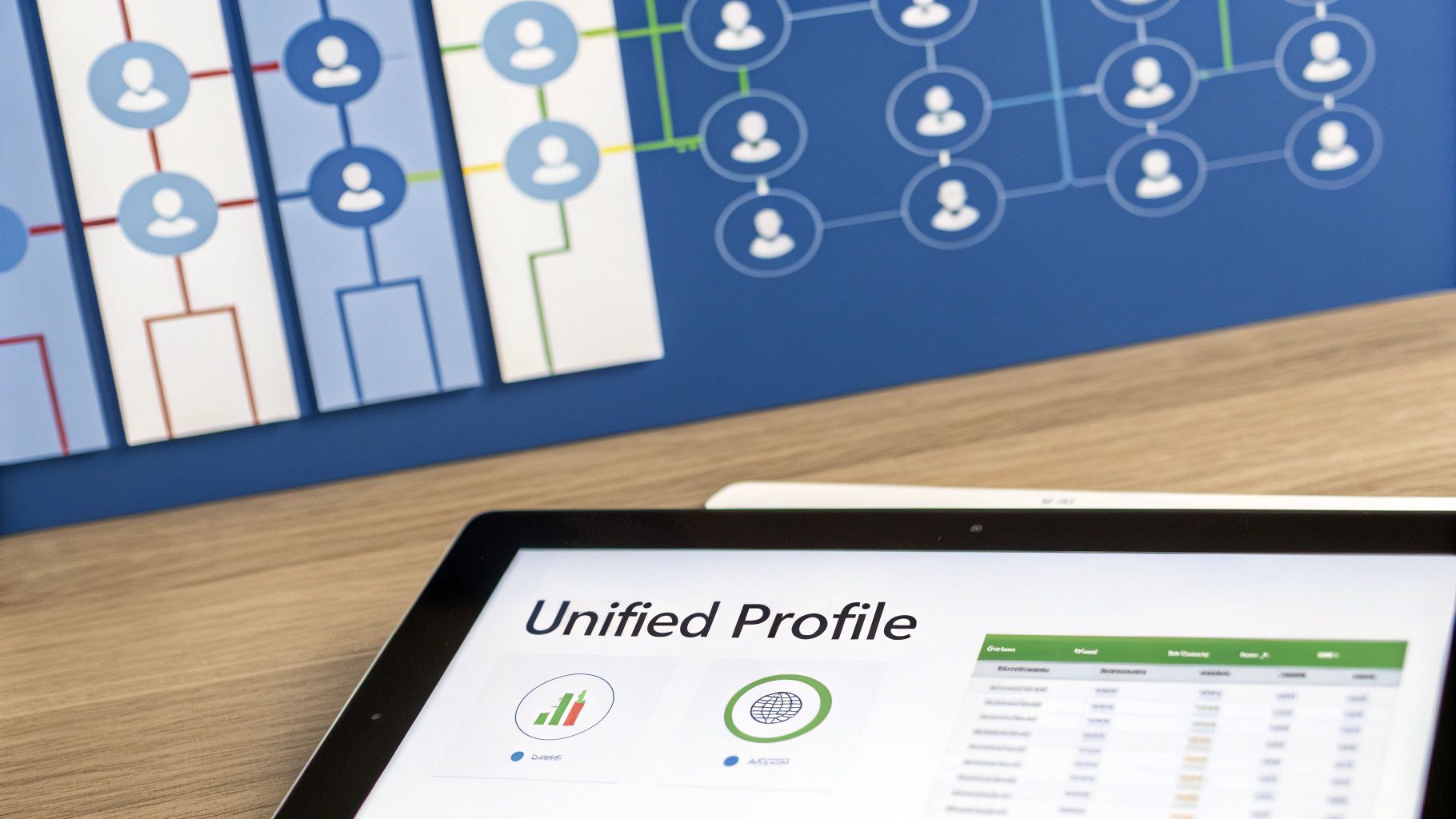 Tablet displaying a unified profile dashboard with data visualizations and a network diagram.